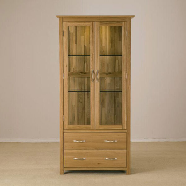 Devon Oak Glass Display Unit With Light & 2 Drawers