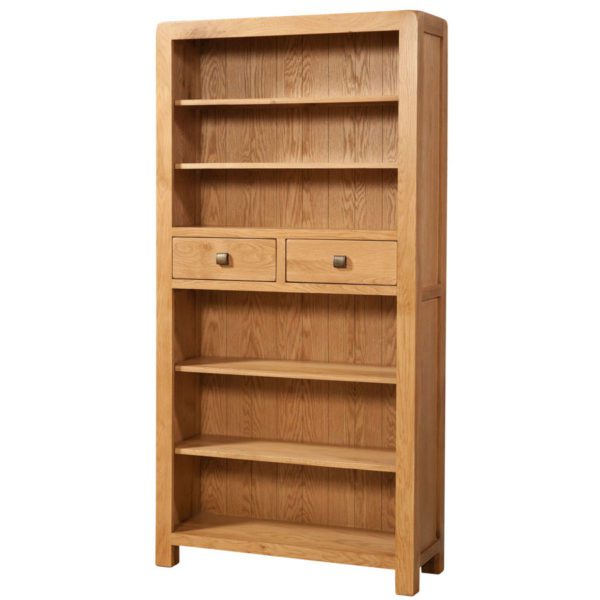 Haven Waxed Oak Tall Bookcase With 2 Drawer | Fully Assembled