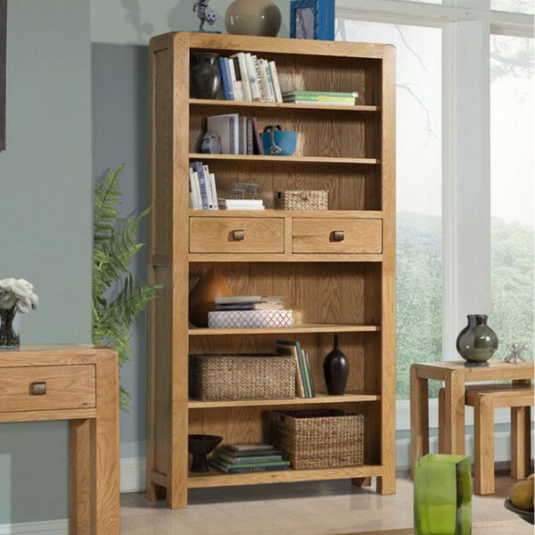 Haven Waxed Oak Tall Bookcase With 2 Drawer | Fully Assembled
