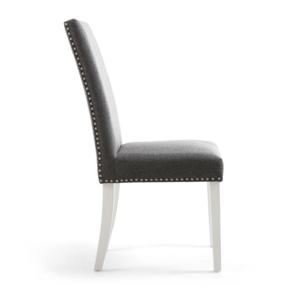 Randall Stud Detail Linen Effect Steel Grey Dining Chair with White Legs