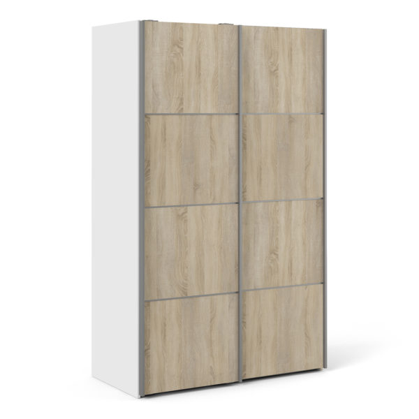 Venice Wardrobe Collection Sliding Wardrobe 120cm in White with Oak Doors with 5 Shelves