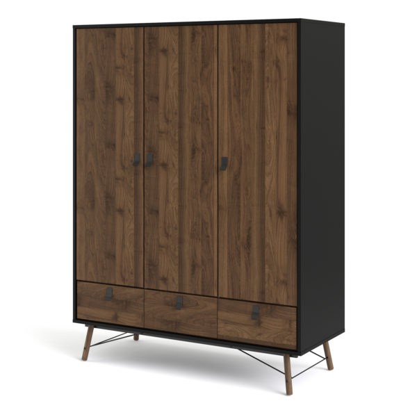 Kielder Wardrobe 3 Doors + 3 Drawers | Matt Black Walnut