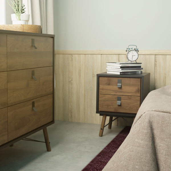 Kielder Bedside Cabinet 2 Drawer | Matte Black Walnut | Self Assembly