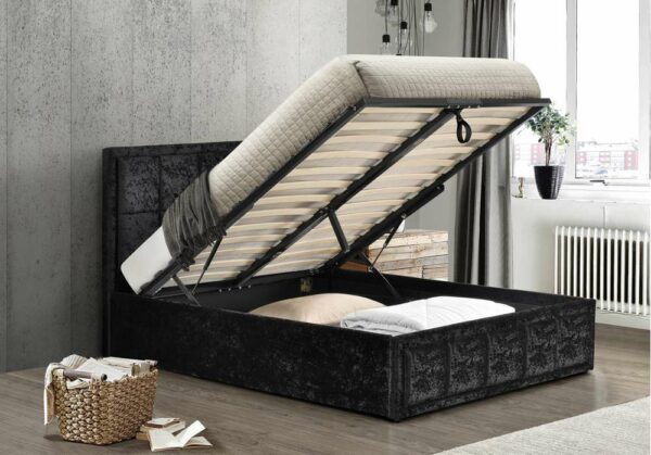 Lenzie King Ottoman Bed | Black Crushed Velvet