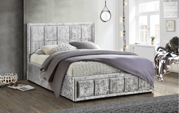 Lenzie King Ottoman Bed | Steel Crushed Velvet Grey