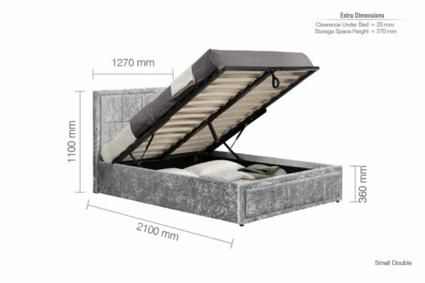 Lenzie Small Double Ottoman Bed | Steel Crushed Velvet Grey