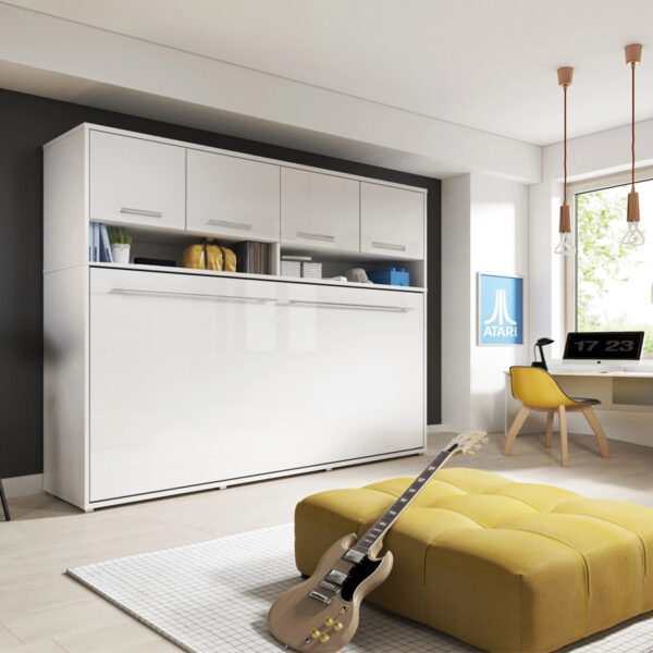 Horizontal Wall Bed Concept 120cm with Over Bed Unit | White Gloss