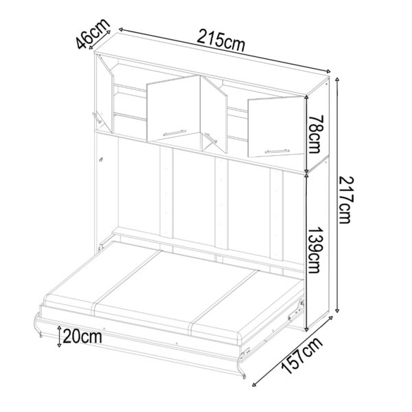 Horizontal Wall Bed Concept 120cm with Over Bed Unit | White Gloss