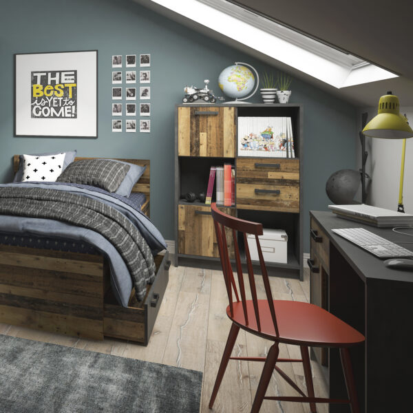 Ingles Low Bookcase with 2 Doors and 2 Drawers | Walnut and Dark Matera Grey | Self Assembly