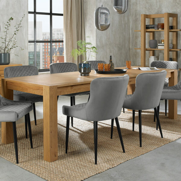 Silvan Light Oak 6-8 Seat Extending Dining Table with 6 Cezanne Grey Velvet Fabric Chairs | 165 - 225cm