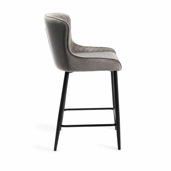 Eyam Vintage Oak Pair of Grey Velvet Fabric Bar Stools with Sand Black Powder Coated Legs