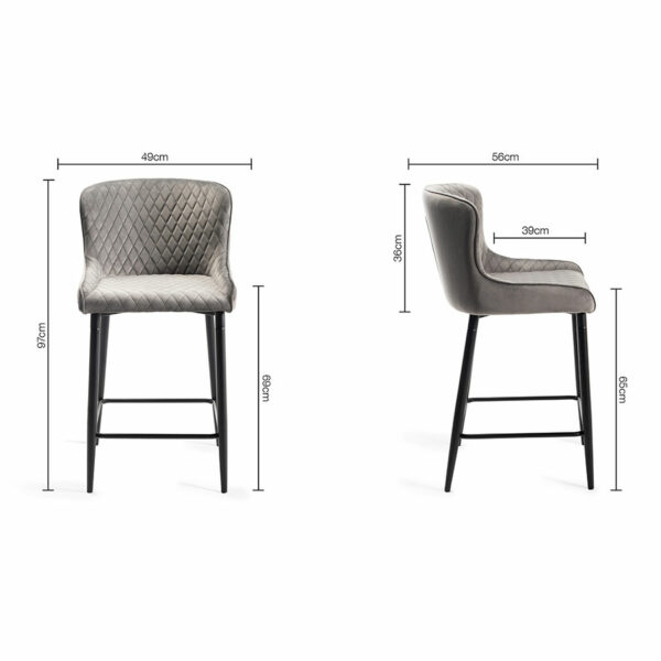Eyam Vintage Oak Pair of Grey Velvet Fabric Bar Stools with Sand Black Powder Coated Legs
