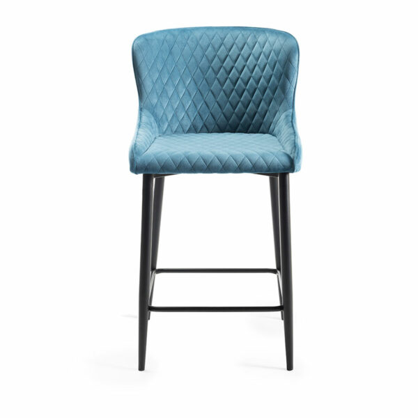 Eyam Vintage Oak Pair of Petrol Blue Velvet Fabric Bar Stools with Sand Black Powder Coated Legs