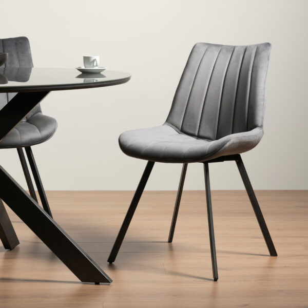 Fontana Pair of Grey Velvet Fabric Chairs with Grey Hand Brushing on Black Powder Coated Legs
