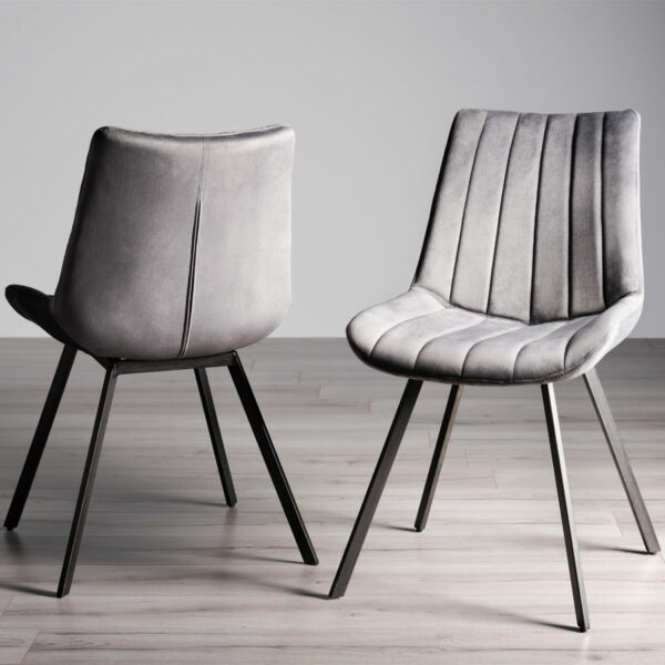 Fontana Pair of Grey Velvet Fabric Chairs with Grey Hand Brushing on Black Powder Coated Legs