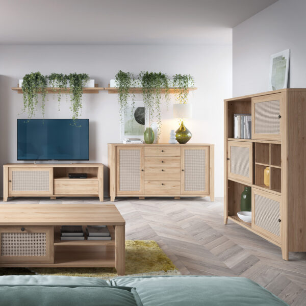 Spire 3 Door Cabinet | Oak & Rattan Effect | Self Assembly