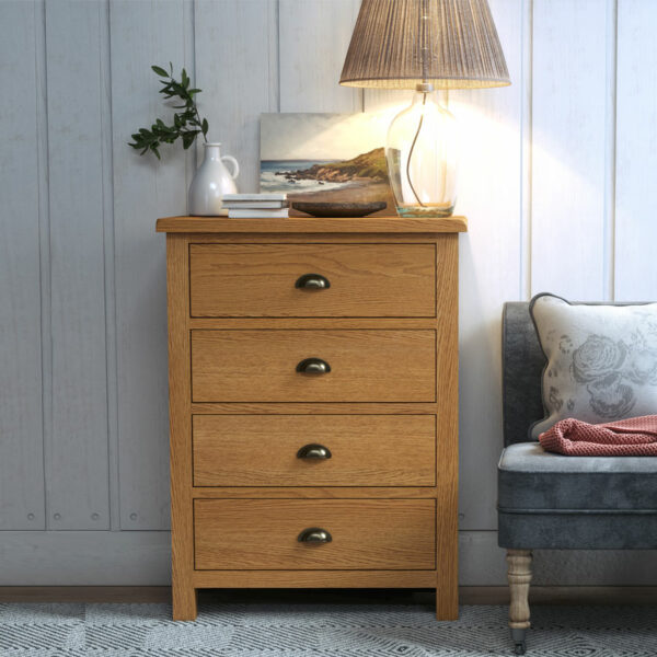 Ancroft Waxed Oak 4 Drawer Chest | Fully Assembled