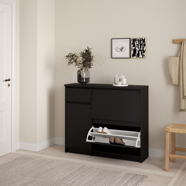 Moderno Shoe Cabinet with 2 Shoe Compartments, 1 Door and 1 Drawer in Black Matte | Self Assembly