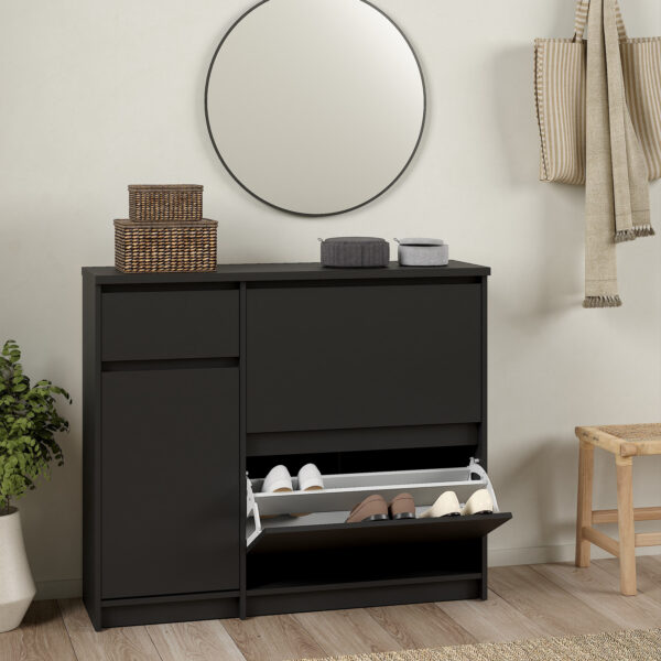 Moderno Shoe Cabinet with 2 Shoe Compartments, 1 Door and 1 Drawer in Black Matte | Self Assembly