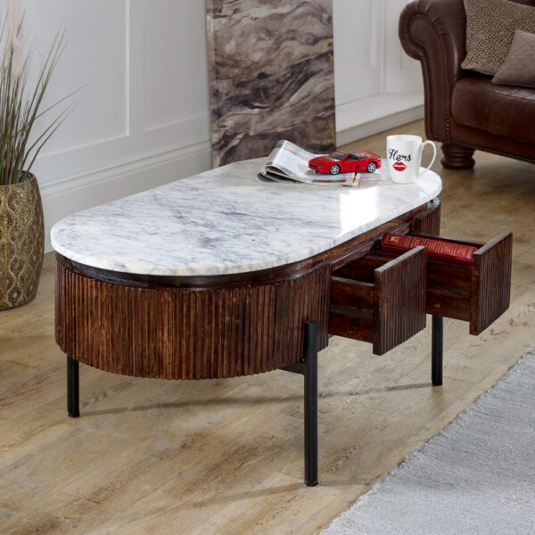 Chardale Mango Wood Rectangular Fluted Coffee Table With Marble Top & Metal Legs |
