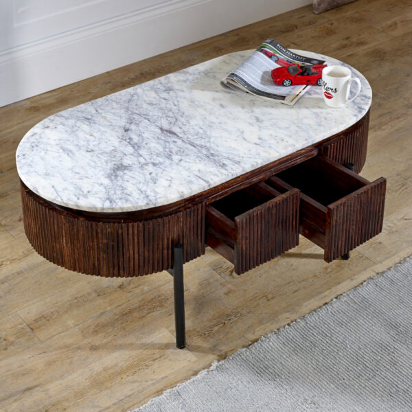 Chardale Mango Wood Rectangular Fluted Coffee Table With Marble Top & Metal Legs |
