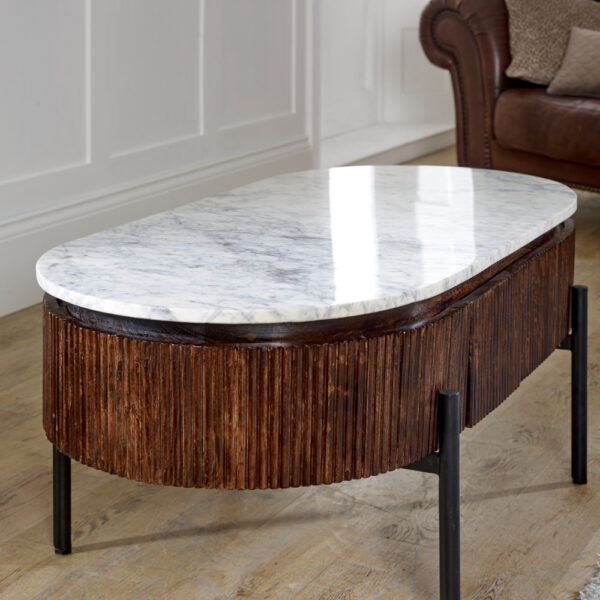 Chardale Mango Wood Rectangular Fluted Coffee Table With Marble Top & Metal Legs |