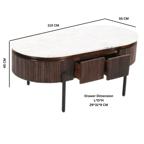 Chardale Mango Wood Rectangular Fluted Coffee Table With Marble Top & Metal Legs |