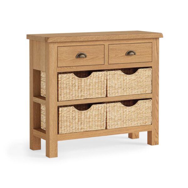 Ancroft Waxed Oak Console Table With Baskets | Fully Assembled