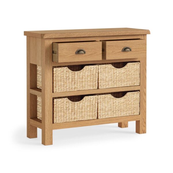 Ancroft Waxed Oak Console Table With Baskets | Fully Assembled