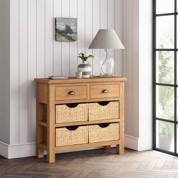 Ancroft Waxed Oak Console Table With Baskets | Fully Assembled