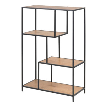 Milford Black Metal Asymmetrical Bookcase with 3 Oak Shelves