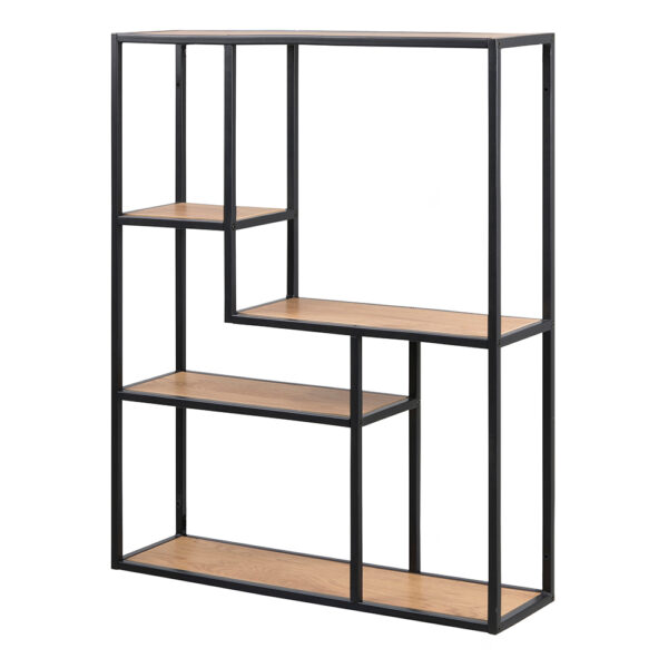 Milford Black Metal Wide Wall Shelf with 3 Additional Oak Shelves