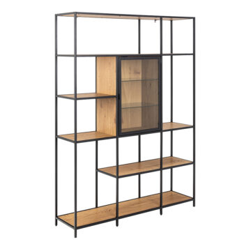 Milford Bookcase with 7 Shelves and Glass Front Display in Black and Oak