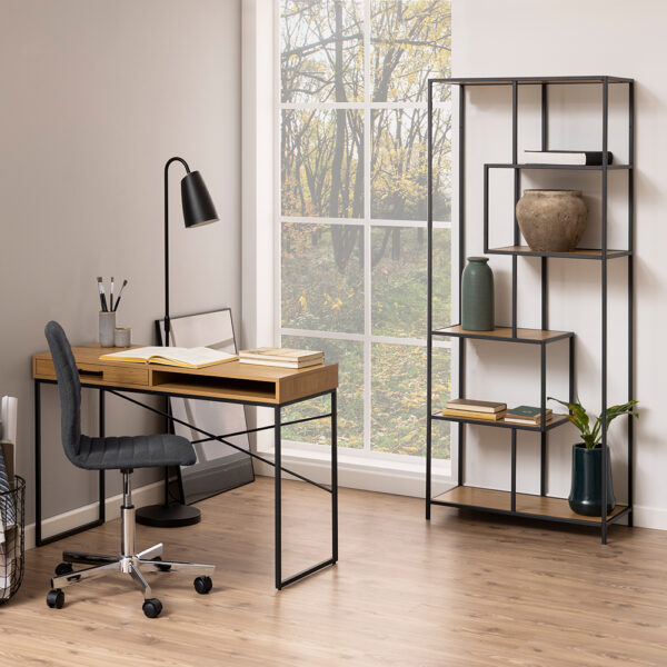 Milford Tall Black Metal Bookcase with 5 Oak Shelves | Self Assembly
