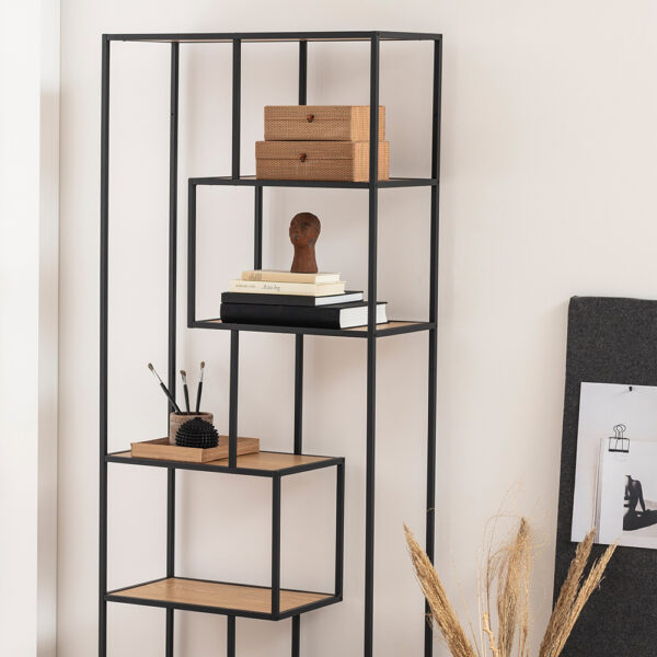 Milford Tall Black Metal Bookcase with 5 Oak Shelves | Self Assembly