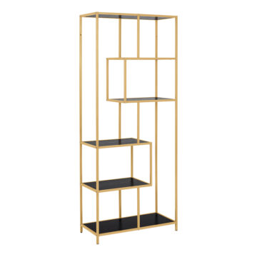 Milford Tall Gold Metal Bookcase with 5 Black Shelves