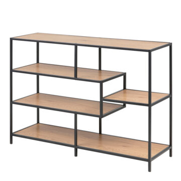 Milford Wide Black Metal Bookcase with 4 Oak Shelves
