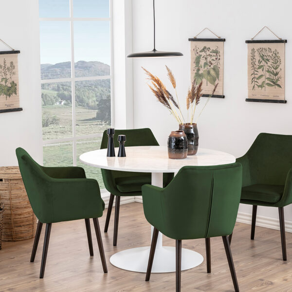 Tarifa Round Dining Table with White Polished Marble Top and White Base | Assembly Required