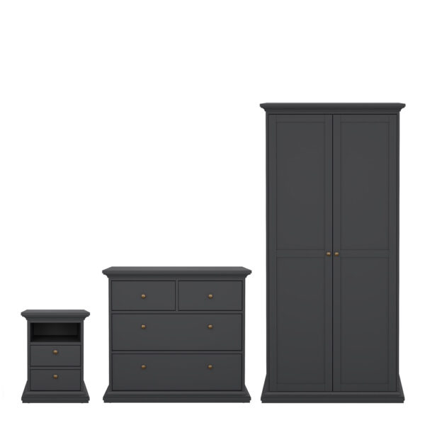 Paris 3 Piece Bundle, Bedside, Chest and 2 Door Wardrobe In Matt Grey | Assembly Required