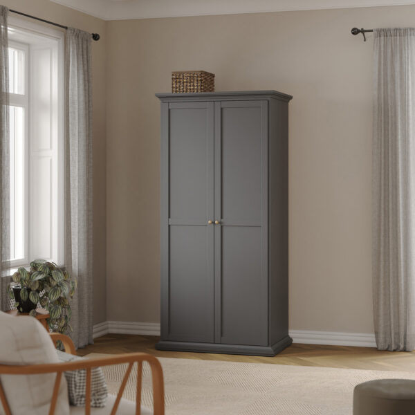 Paris 3 Piece Bundle, Bedside, Chest and 2 Door Wardrobe In Matt Grey | Assembly Required