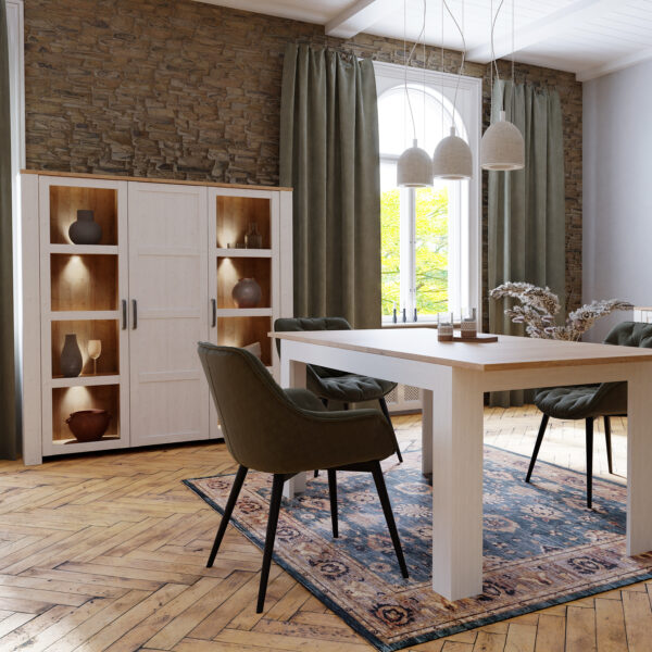 Bruma Large Display Cabinet inc. 4x LED Lights in Riviera Oak/White | Assembly Required