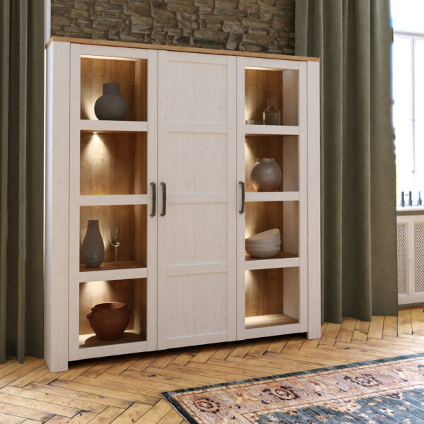 Bruma Large Display Cabinet inc. 4x LED Lights in Riviera Oak/White | Assembly Required