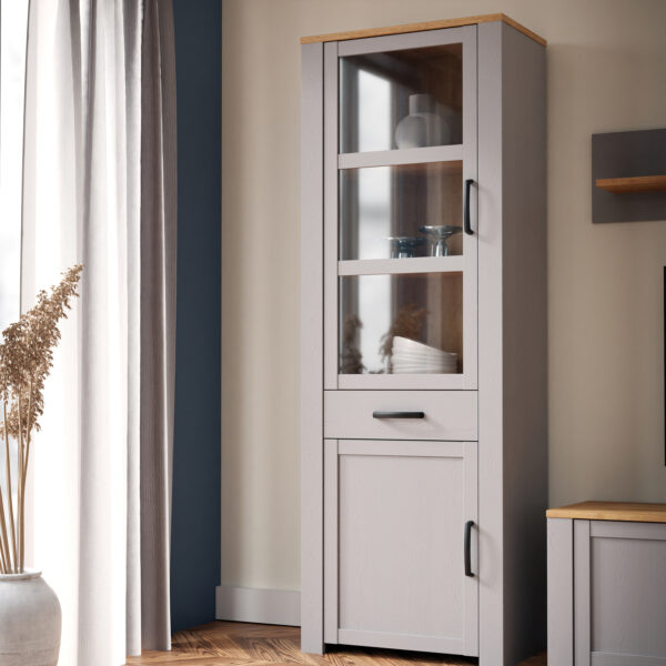 Bruma Narrow Display Cabinet inc. 2x LED Lights in Riviera Oak/Grey Oak | Assembly Required