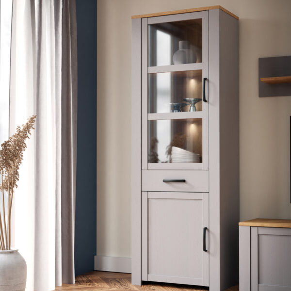 Bruma Narrow Display Cabinet inc. 2x LED Lights in Riviera Oak/Grey Oak | Assembly Required