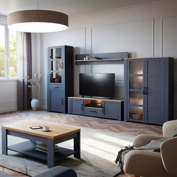 Bruma Narrow Display Cabinet inc. 2x LED Lights in Riviera Oak/Navy | Assembly Required