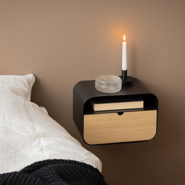 Joliet Wallmounted Bedside Table in Black and Bamboo | Assembly Required