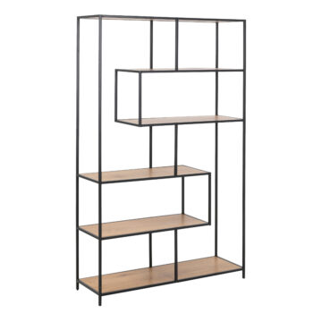 Milford Black Metal Large Asymmetrical Bookcase with 5 Oak Shelves