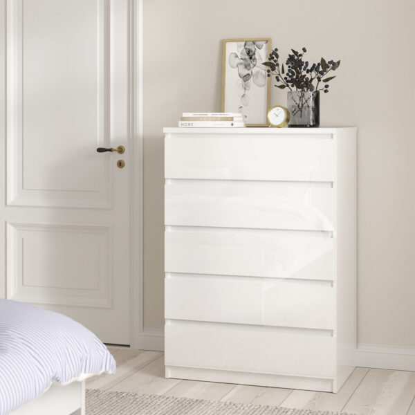 Moderno 3 Piece Bundle, Bedside, Chest and 2 Door 1 Drawer Wardrobe in White High Gloss | Assembly Required