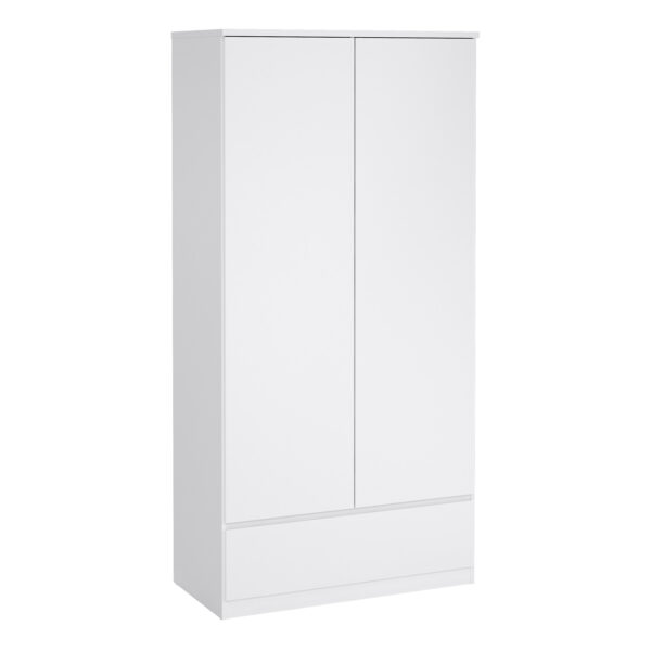 Moderno 3 Piece Bundle, Bedside, Chest and 2 Door 1 Drawer Wardrobe in White High Gloss | Assembly Required