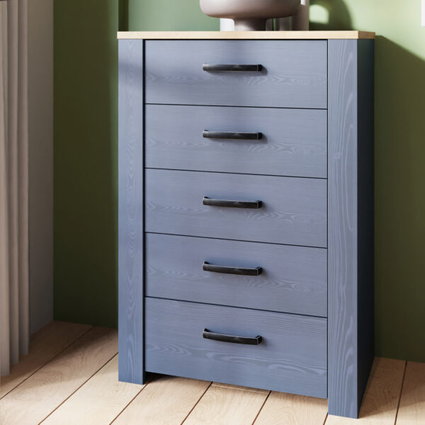Ridge 5 Drawer Narrow Chest in Riviera Oak/Navy | Assembly Required